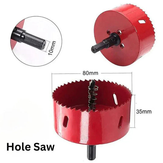 Red hole saw with measurements and close-up of blade on a white background