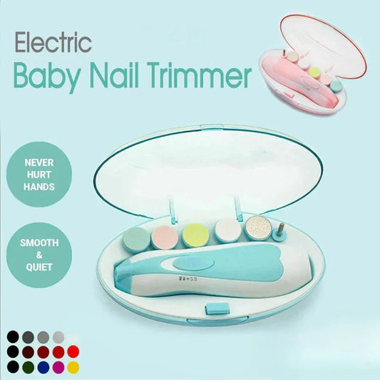 Electric baby nail trimmer with accessories on a light blue background
