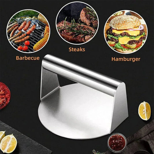 Metallic meat tenderizer with images of barbecue, steaks, and hamburger above it on a dark background.