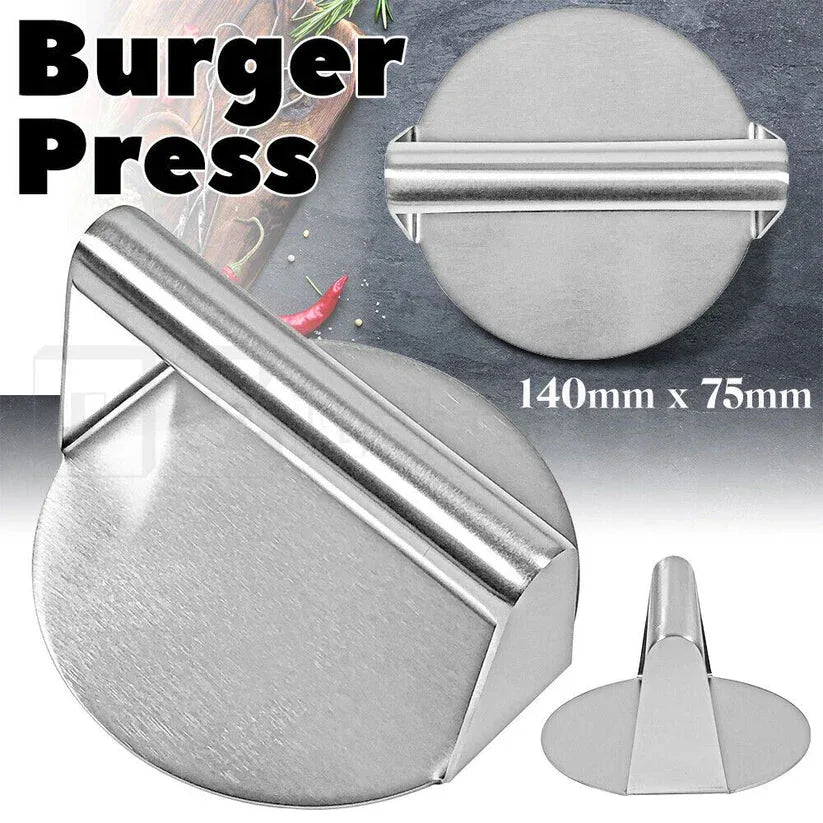 Stainless steel burger press with dimensions 140mm x 75mm on a gray background.