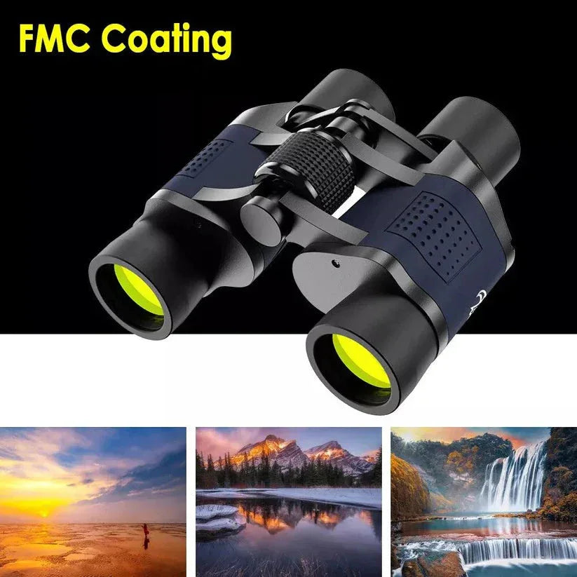 Binoculars with FMC Coating on a black background, surrounded by scenic images.