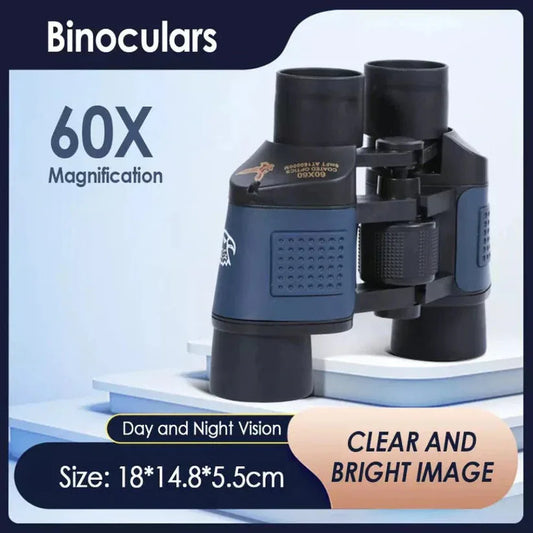 Binoculars with 60X magnification on a light blue background