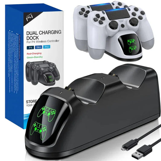 Dual charging dock with two controllers and packaging on a white background