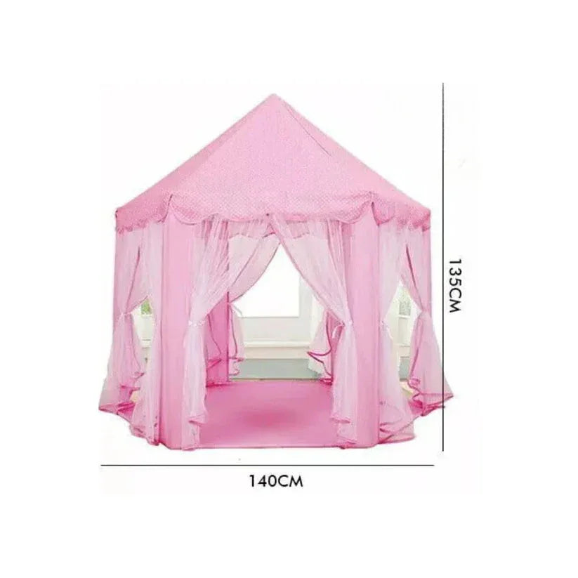 Pink children's play tent with dimensions on a white background