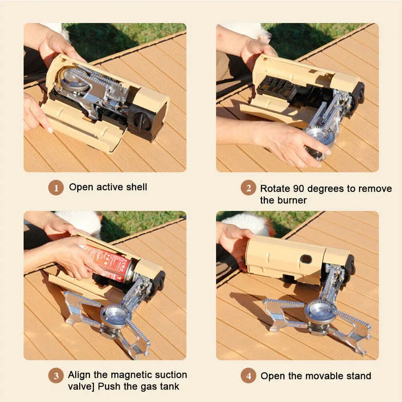 Step-by-step guide on how to assemble a portable stove with images and text instructions.