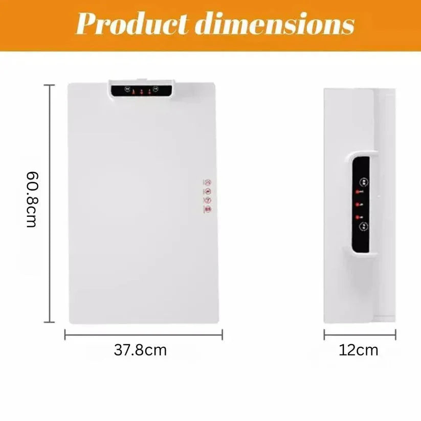 Product dimensions of a white electronic device with labeled measurements on a white background.