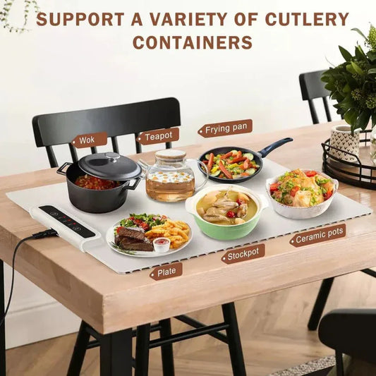 Table with various dishes and a heating mat labeled 'Support a variety of cutlery containers'.