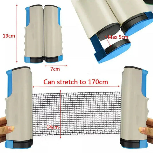 Retractable table tennis net with measurement details on a white background