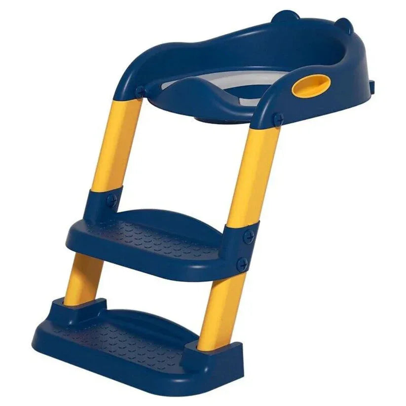 Blue and yellow step stool with a seat on a white background