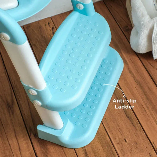 Blue and white anti-slip ladder on a wooden floor
