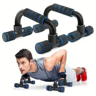 Push-up stand with blue accents and a man performing push-ups on a white background