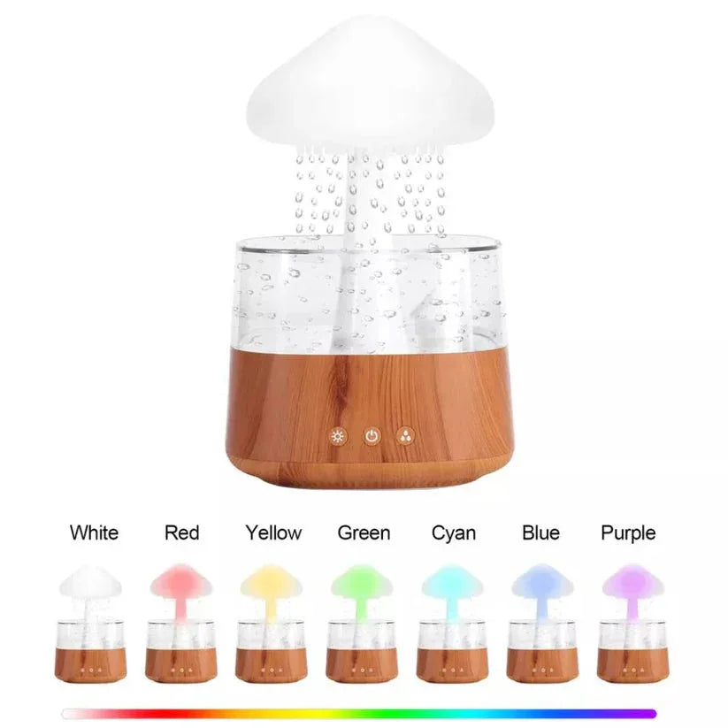 A humidifier with a wooden base and colorful light indicators on a white background.