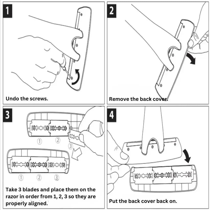 Step-by-step diagram showing how to assemble a razor with blades.