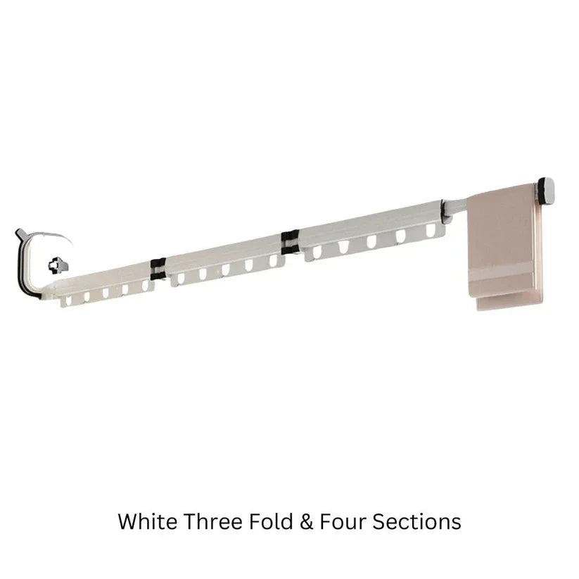 White three-fold and four-sections curtain rod with a beige curtain on a white background.