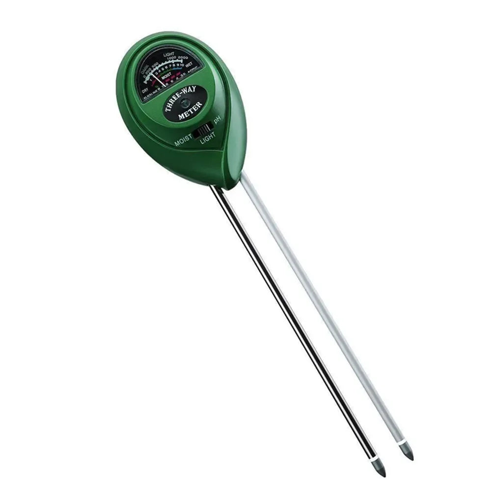 Green soil pH meter with two probes on a white background