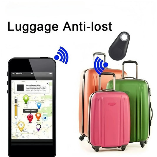 Smart luggage tracker device with smartphone app interface and colorful suitcases on a white background.