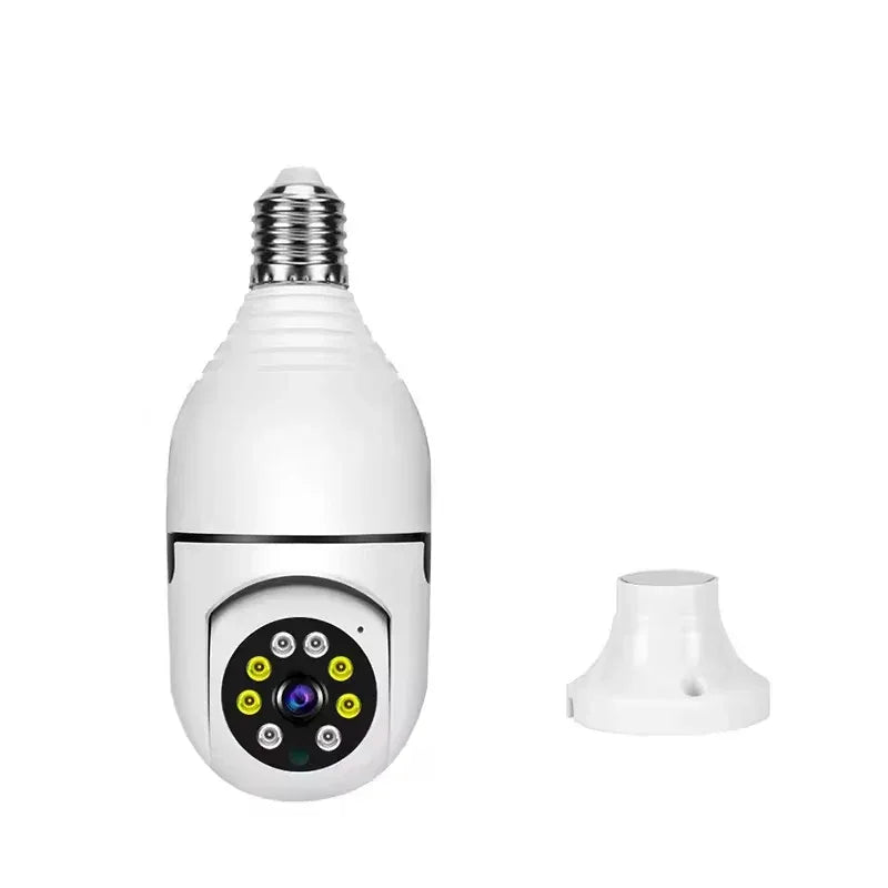 White security camera designed like a light bulb on a white background