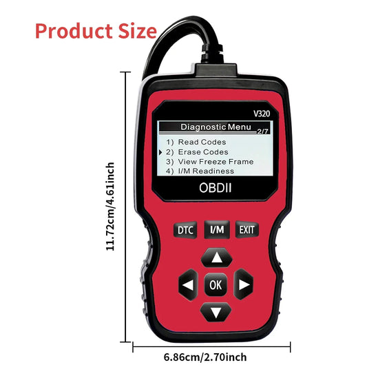 Red diagnostic scanner with display and buttons, showing product size on a white background.