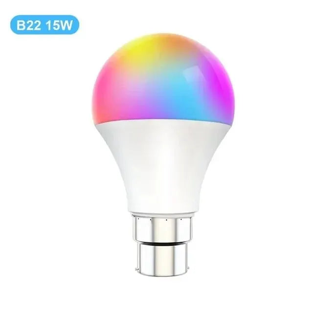 Colorful LED light bulb with B22 base on a white background