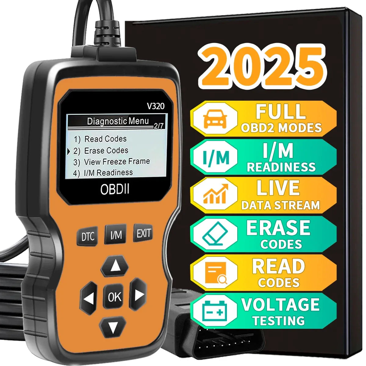 Car diagnostic tool with features listed on a 2025-themed background