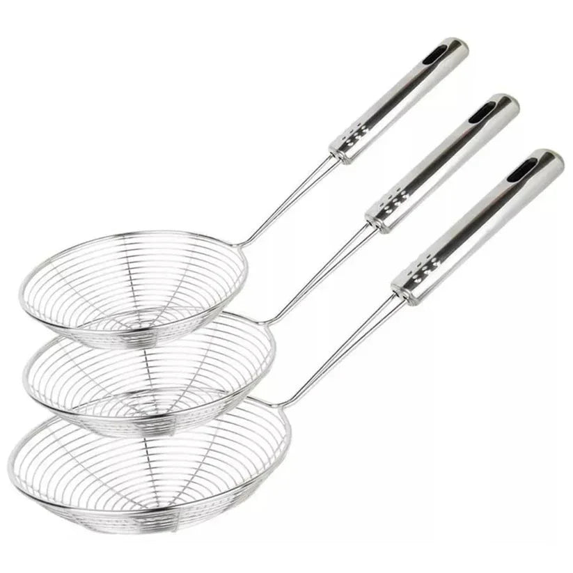 Set of three metal strainers with handles on a white background