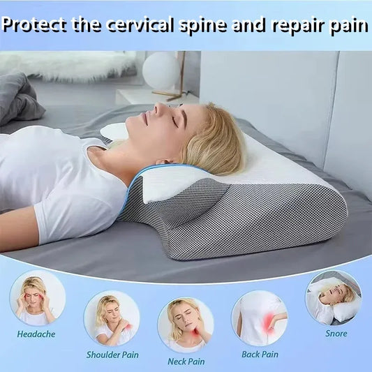 Person lying on a neck pillow with text about protecting the cervical spine and repairing pain.
