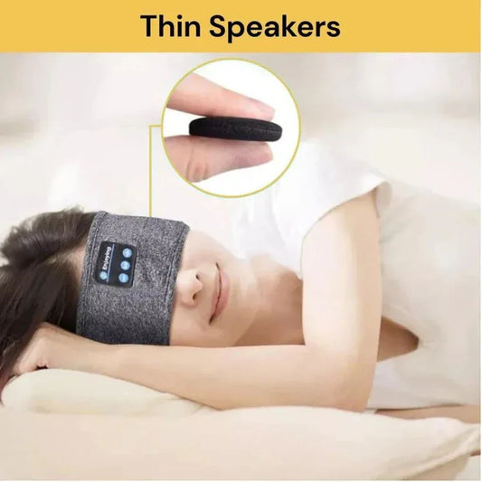 Person wearing a Bluetooth headband with thin speakers highlighted.