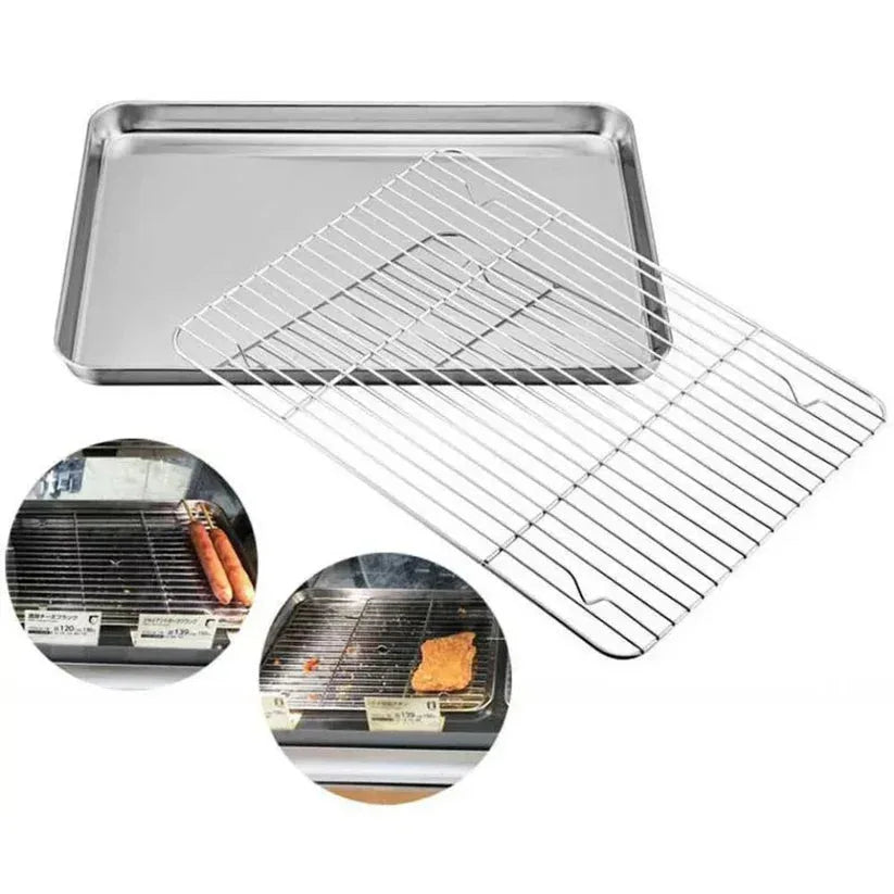 Baking tray with wire rack on a white background