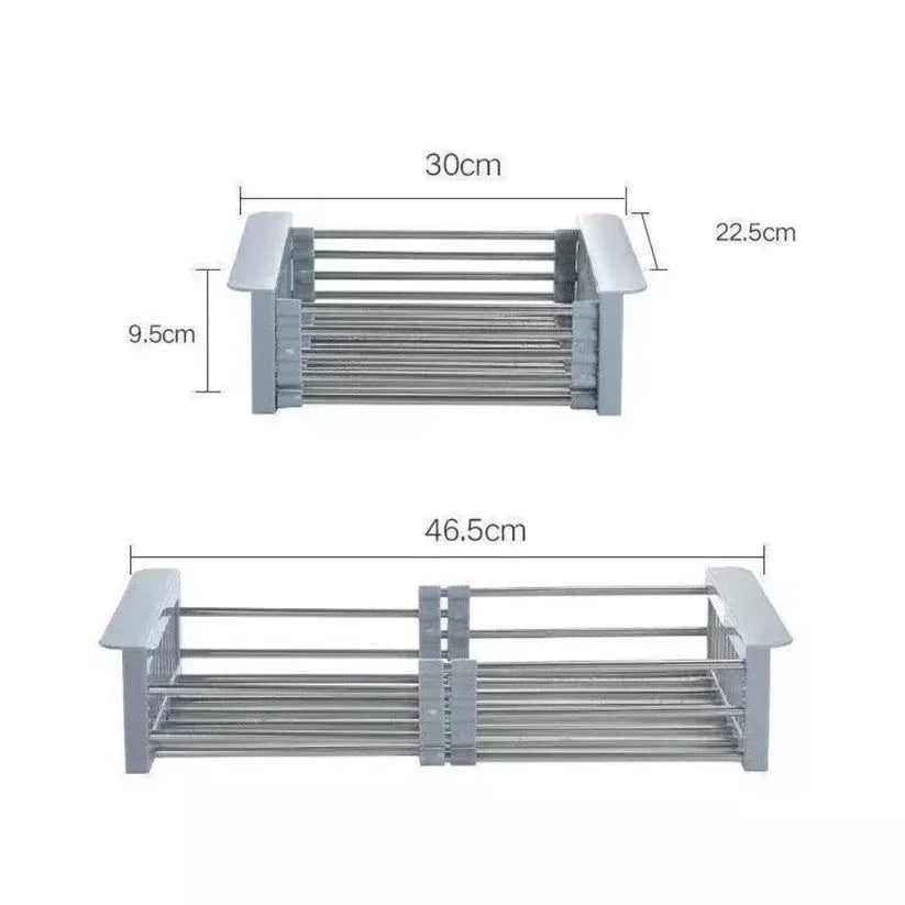 Measurement chart of a metal shelf with dimensions labeled on a white background