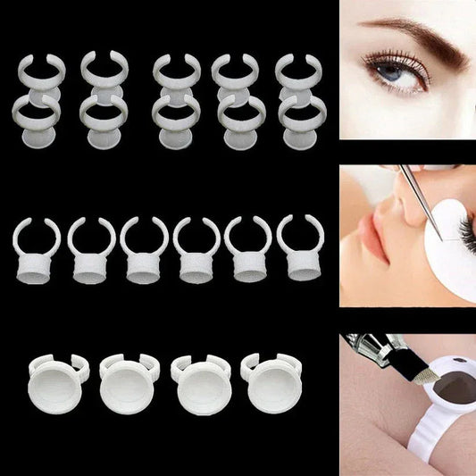 White eyelash extensions holding devices with close-up images of eyelashes and lash application tools.