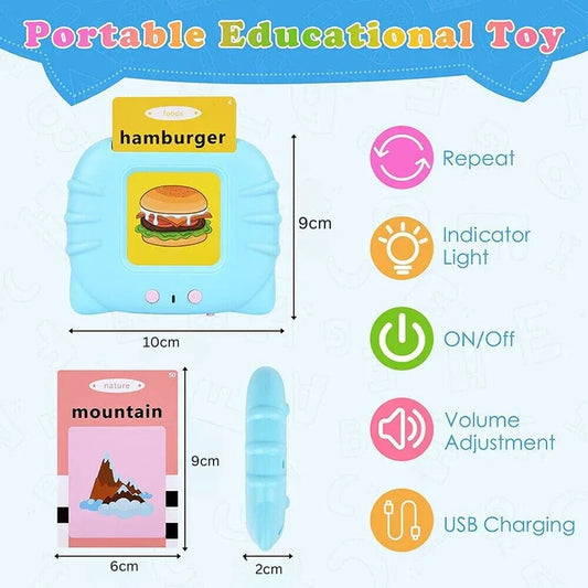 Portable educational toy with features and dimensions on a blue background