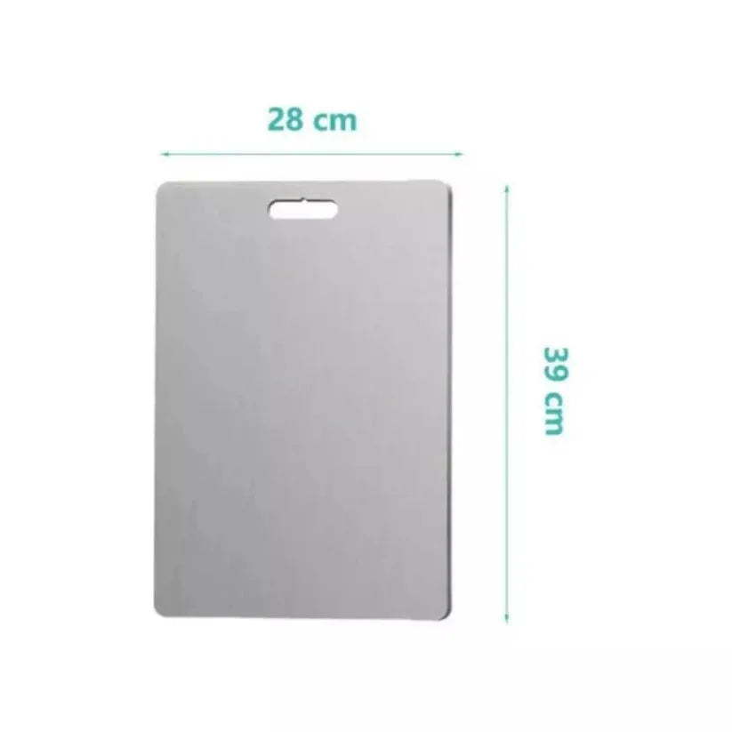 Gray cutting board with measurements on a white background