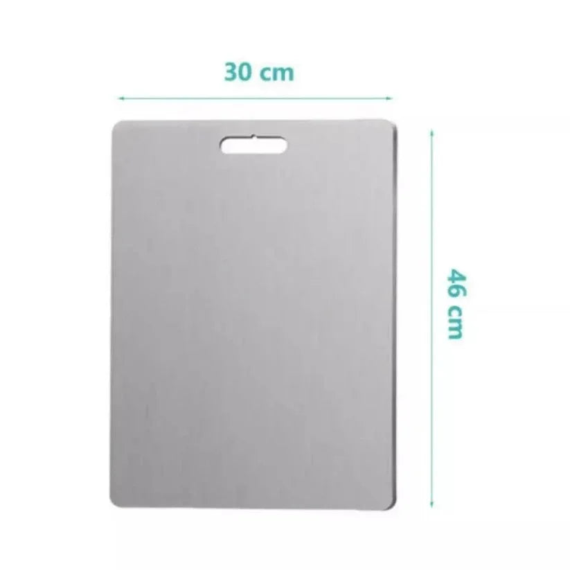 Gray cutting board with dimensions 30 cm x 46 cm on a white background