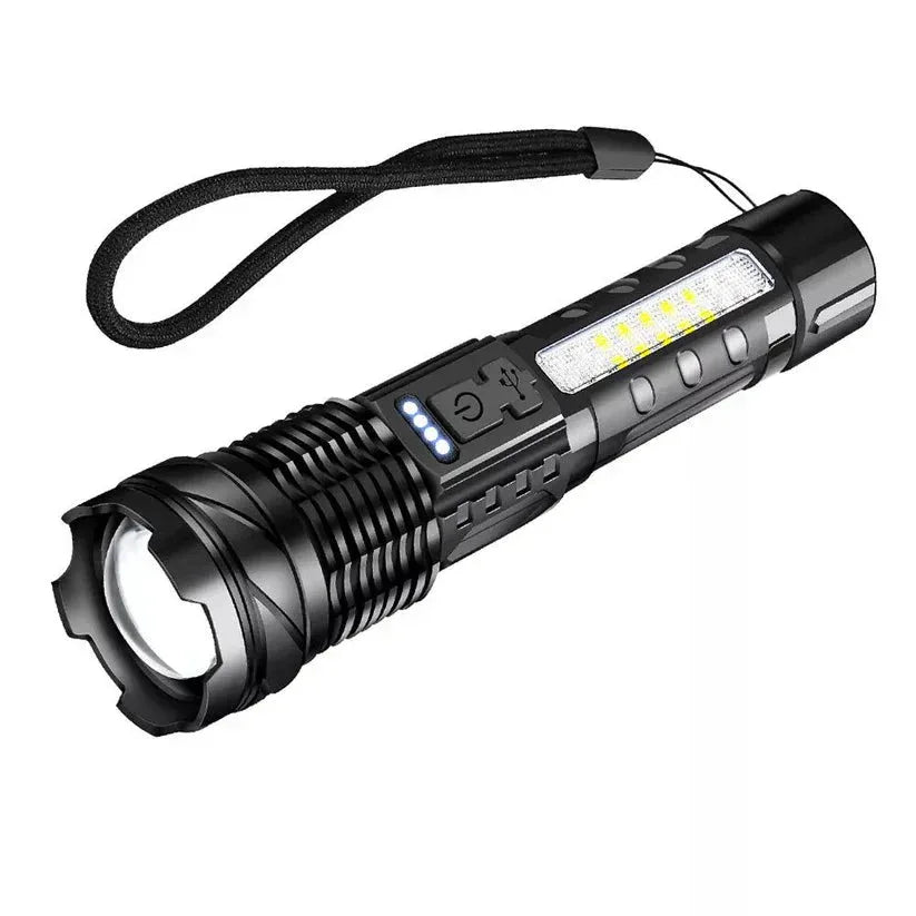 Black flashlight with a strap on a white background