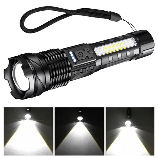 Black flashlight with multiple light modes on a white background
