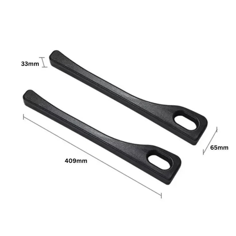 Two black metal tools with measurements on a white background