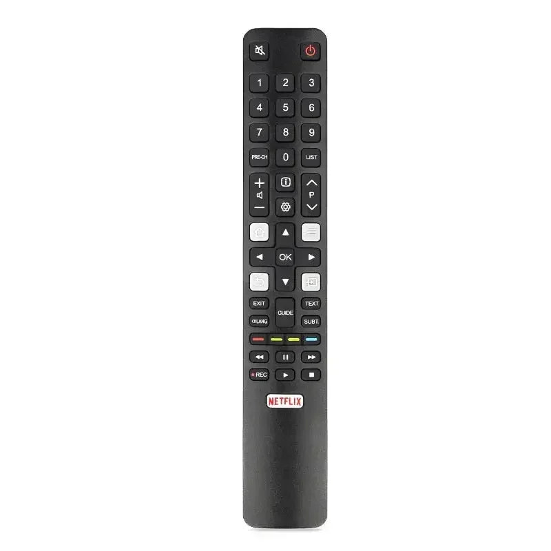 Black remote control with Netflix logo on a white background