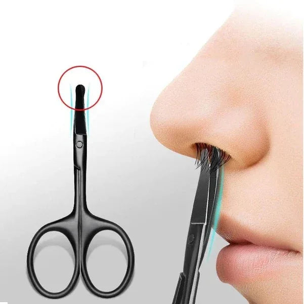 Black scissors with a close-up of a nose and tweezers on a light gray background