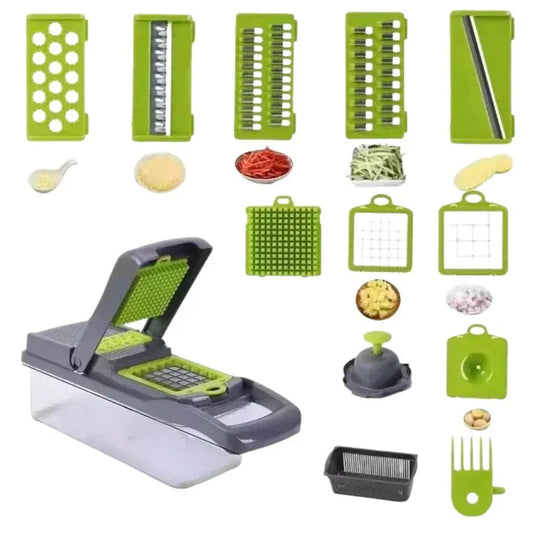 Multifunctional kitchen slicer with various attachments on a white background