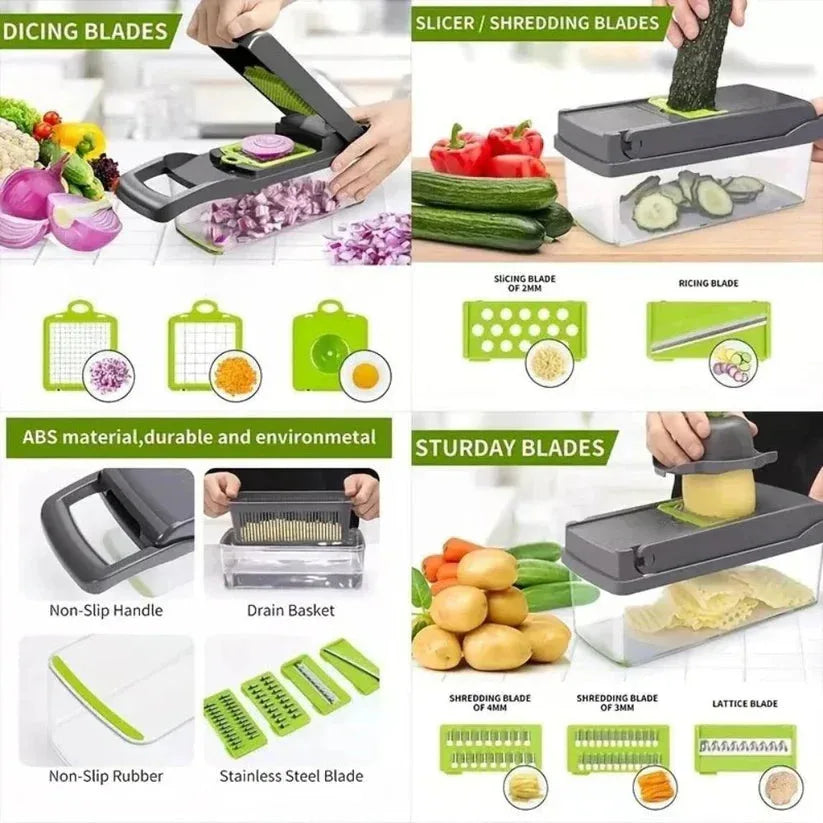 Multifunctional kitchen slicer with various blades and attachments on a white background