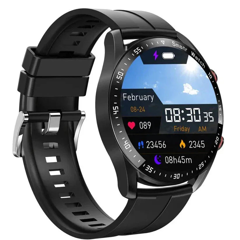 Black smartwatch with a colorful display on a white background