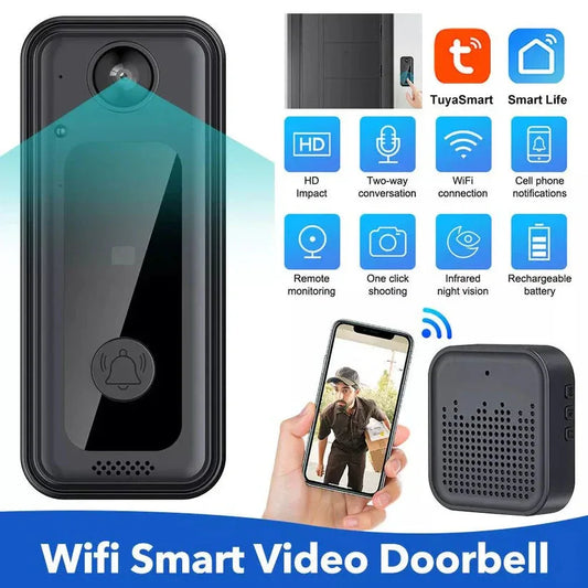 WiFi smart video doorbell with features and smartphone app interface on a white background
