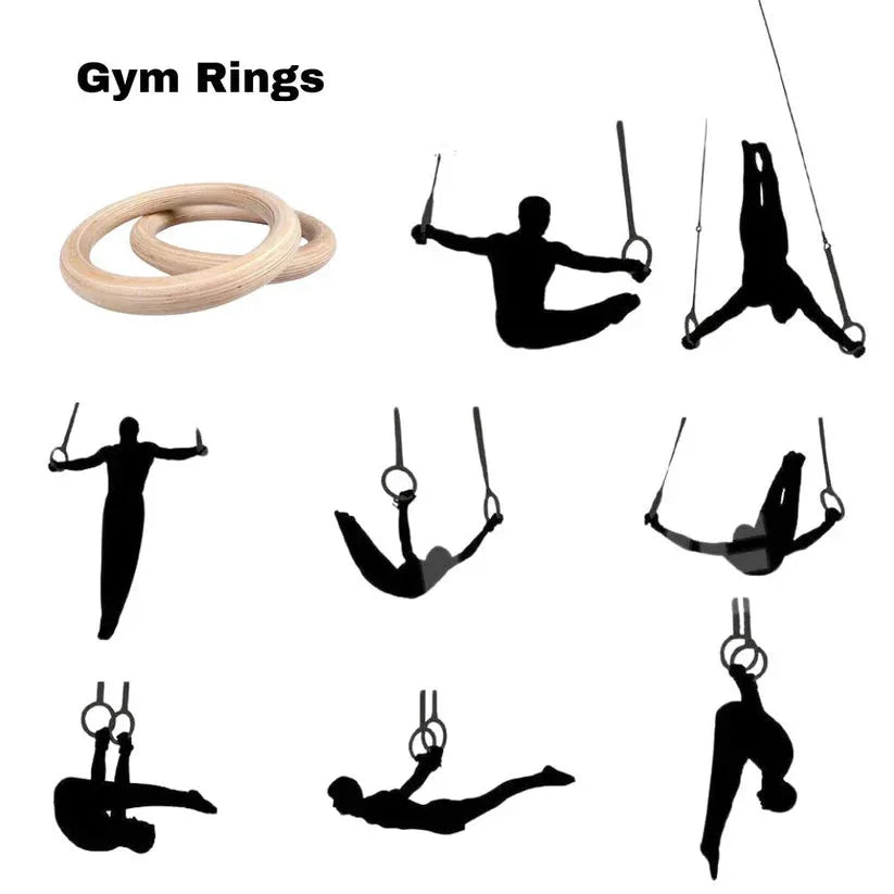 Gym rings with black silhouette illustrations of people using them on a white background.