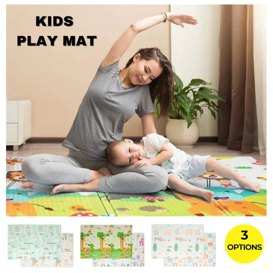 Woman and child playing on a colorful kids play mat in a room with a plant.