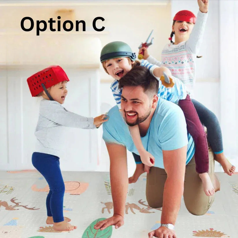 Man playing with children on a colorful mat indoors