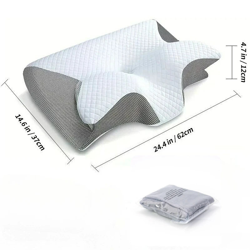 Ergonomic pillow with measurements on a white background
