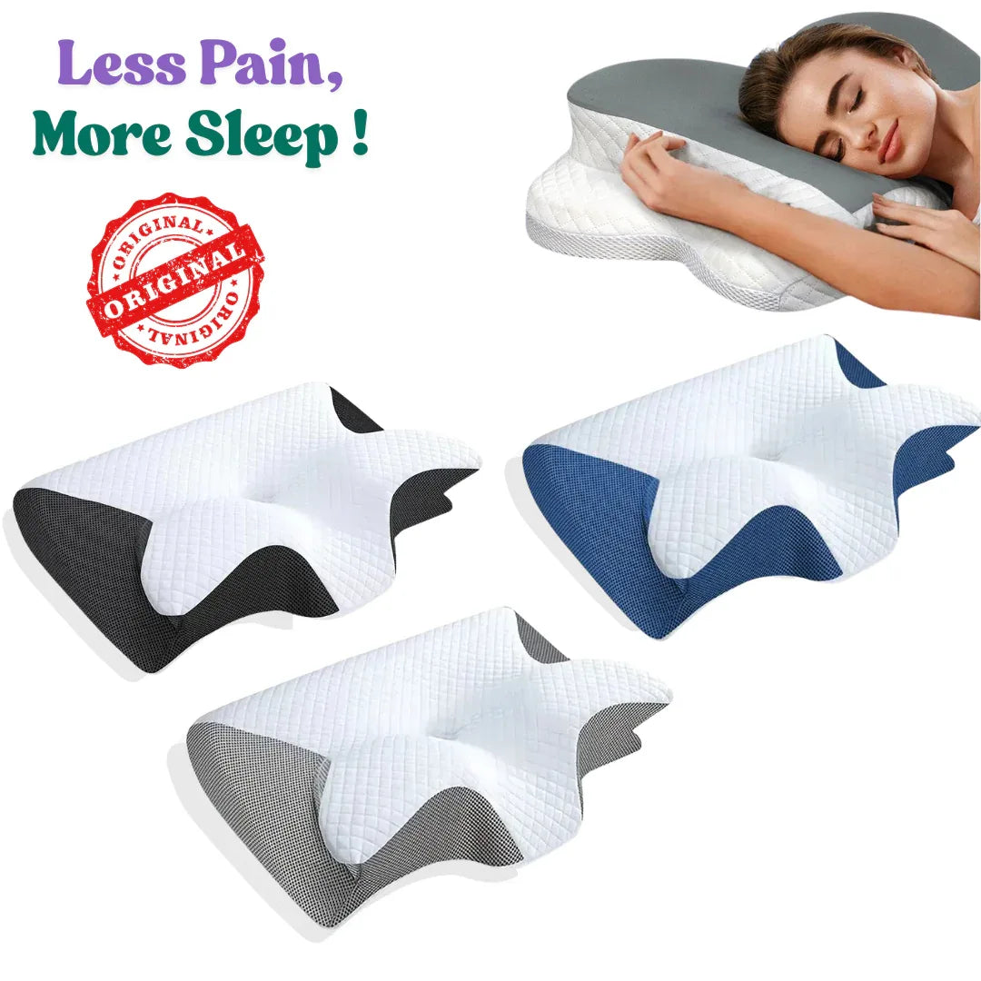 Ergonomic pillow with text 'Less Pain, More Sleep!' and 'Original' stamp, showing a person using the pillow.

