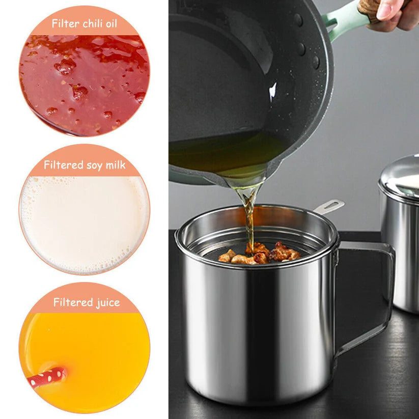 1.8L Stainless Steel Oil Filter Pot Cooking Soup Grease Home Strainer Separator