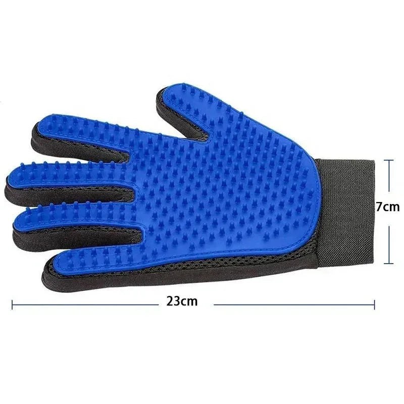 Blue grooming glove with black accents on a white background, showing measurements.

