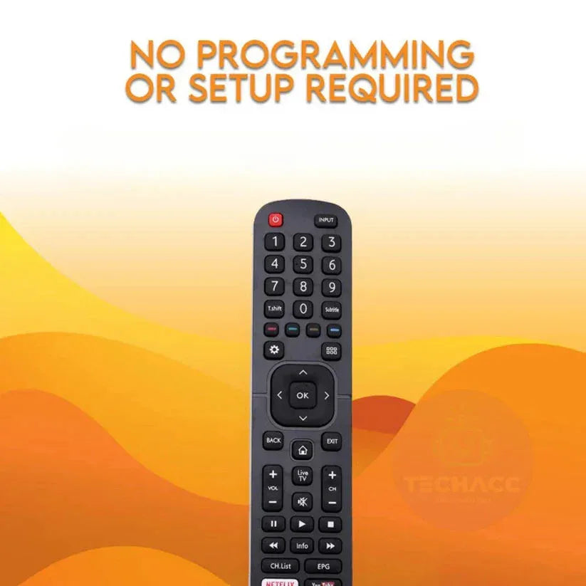 Remote control with 'No Programming or Setup Required' text on an orange background

